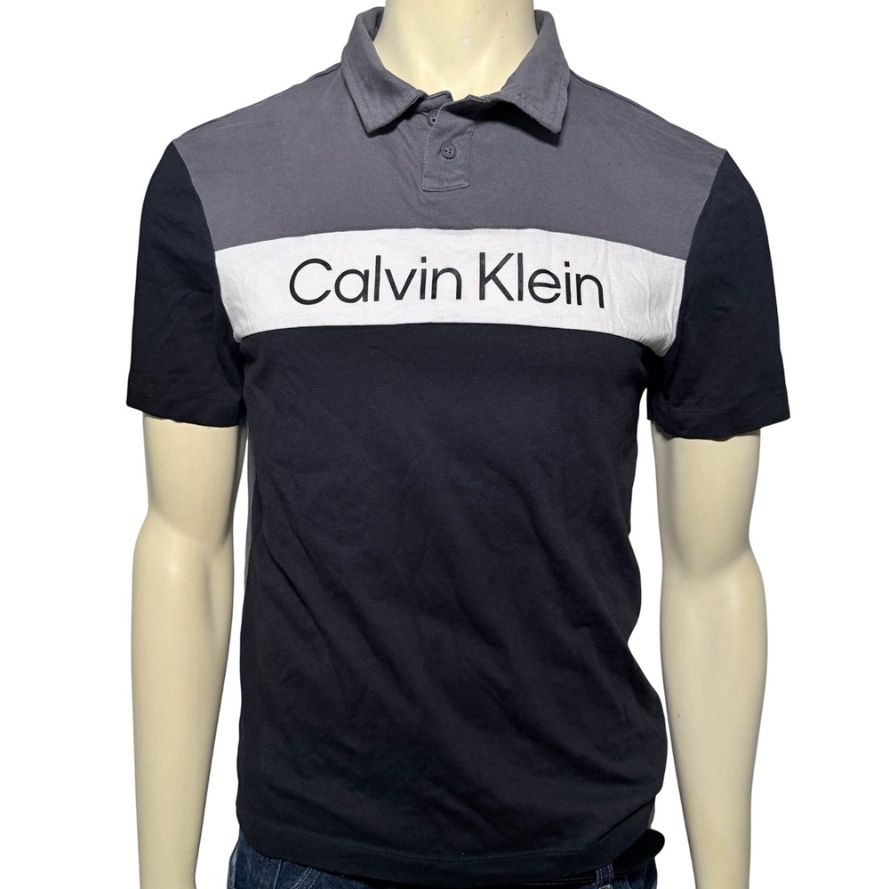 Calvin Klein Polo Shirt Mens Large Grey Black Colorblock Logo Short Sleeve Exc